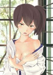 Rule 34 | 10s, 1girl, blush, breasts, brown hair, cleavage, highres, japanese clothes, kaga (kancolle), kantai collection, large breasts, looking at viewer, off shoulder, open mouth, personification, short hair, side ponytail, solo, wa (genryusui), yellow eyes