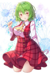 Rule 34 | 1girl, :o, aka tawashi, ascot, blush, breasts, collared shirt, commentary request, cowboy shot, cropped legs, floral background, floral print, green hair, half-closed eyes, highres, holding, holding umbrella, kazami yuuka, large breasts, long sleeves, looking at viewer, open clothes, open mouth, open vest, plaid, plaid skirt, plaid vest, red eyes, shirt, short hair, skirt, skirt set, solo, touhou, umbrella, vest, white shirt, yellow ascot