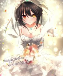 Rule 34 | 1girl, black hair, bouquet, breasts, bridal veil, bride, character name, cleavage, clock eyes, closed mouth, commentary request, date a live, diadem, dress, earrings, elbow gloves, english text, flower, gloves, happy birthday, heterochromia, highres, holding, holding bouquet, jewelry, large breasts, looking at viewer, necklace, red eyes, smile, solo, symbol-shaped pupils, tokisaki kurumi, usuba kagerou, veil, wedding dress, white dress, white gloves, yellow eyes