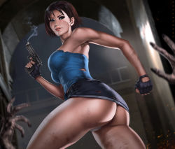Rule 34 | 1boy, 1girl, armpits, artist name, ass, bare legs, bare shoulders, black gloves, black skirt, blue eyes, blue tube top, blurry, blurry background, blurry foreground, breasts, brown hair, cameltoe, capcom, clenched hand, contrapposto, curvy, dandon fuga, depth of field, dirty, eyeshadow, fingerless gloves, from behind, from below, gloves, gun, half-closed eyes, hand up, handgun, hip focus, holding, holding gun, holding weapon, huge ass, indoors, jill valentine, large breasts, legs, lips, lipstick, looking at viewer, looking back, makeup, naughty face, neck, nemesis (resident evil), orange lips, panties, pantyshot, parted lips, pencil skirt, pistol, resident evil, resident evil 3: nemesis, resolution mismatch, short hair, skirt, smile, smoke, smoking gun, solo focus, source smaller, standing, strapless, thick thighs, thighs, torn clothes, torn skirt, tube top, underwear, weapon, wide hips, zombie