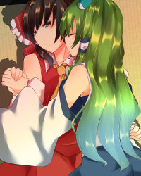 Rule 34 | 2girls, absurdres, ascot, bare shoulders, blue skirt, bow, brown hair, closed eyes, closed mouth, collar, collared shirt, commentary request, emphasis lines, frilled bow, frills, frog hair ornament, gradient hair, green hair, hair bow, hair ornament, hair tubes, hakurei reimu, highres, kochiya sanae, long hair, mokutan (link machine), multicolored hair, multiple girls, red bow, red eyes, red shirt, red skirt, shirt, skirt, sleeveless, sleeveless shirt, snake hair ornament, touhou, two-tone shirt, white collar, white shirt, wrist cuffs, yellow ascot, yuri