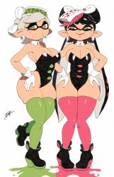 Rule 34 | + +, 2girls, :/, armpits, bare shoulders, black footwear, black hair, black leotard, boots, breasts, callie (splatoon), cleavage, closed mouth, collar, collarbone, commentary, detached collar, earrings, english commentary, full body, gloves, green footwear, green legwear, grey hair, hair ornament, hand on own hip, hands on own hips, hat, high heel boots, high heels, highres, ink, inkling, jewelry, knees together feet apart, leotard, long hair, looking at viewer, looking to the side, marie (splatoon), marker (medium), medium breasts, medium hair, mini hat, mole, mole under eye, multicolored footwear, multiple girls, nintendo, parted lips, pink footwear, pink legwear, pointy ears, short eyebrows, signature, simple background, skindentation, smile, splatoon (series), splatoon 1, standing, standing on one leg, strapless, strapless leotard, swept bangs, symbol-shaped pupils, tentacle hair, thick eyebrows, thick thighs, thighhighs, thighs, traditional media, very long hair, white background, white collar, white gloves, wide hips, yellow eyes, yuta agc