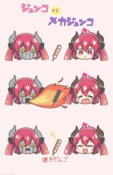 Rule 34 | 2girls, :d, ^ ^, blue archive, blush stickers, breath weapon, breathing fire, brown background, closed eyes, closed mouth, commentary request, crying, dango, fire, food, halo, highres, horns, junko (blue archive), kurororo rororo, multiple girls, open mouth, purple eyes, purple hair, robot, simple background, smile, tears, translation request, twintails, wagashi