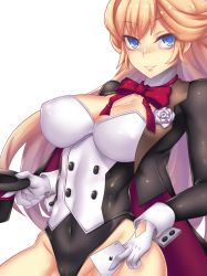Rule 34 | 00s, 1girl, argyle, argyle clothes, argyle cutout, between fingers, black hat, blonde hair, blue eyes, bow, bowtie, breasts, card, clothing cutout, covered navel, cropped jacket, diamond (shape), dungeon and fighter, elsword, eyebrows, eyelashes, female gunner (dungeon and fighter), fi-san, flower, gloves, groin, gunner (dungeon and fighter), hat, highleg, highleg leotard, highres, holding, holding card, large breasts, leotard, long hair, long sleeves, looking at viewer, magician, parted lips, playing card, red bow, red bowtie, rose, rose (elsword), solo, spade, top hat, transparent background, unworn hat, unworn headwear, upper body, white flower, white gloves, white rose, wrist cuffs