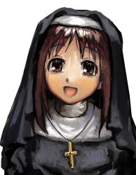 Rule 34 | 1girl, azumanga daiou, blush, breasts, brown eyes, brown hair, cosplay, cross, cross necklace, facing viewer, habit, highres, jewelry, kasuga ayumu, long hair, looking at viewer, necklace, nun, open mouth, school uniform, simple background, small breasts, smile, solo, traditional nun, upper body, valendar, white background