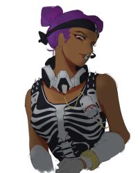 Rule 34 | 1girl, animification, apex legends, arm warmers, black headband, black tank top, blue lips, brown eyes, cable, chinese commentary, double bun, eyeshadow, gloves, hair behind ear, hair bun, headband, headset, highres, lifeline (apex legends), london calling lifeline, makeup, mask, mask around neck, metcha (amonka3), multicolored lips, official alternate costume, purple hair, red eyeshadow, skeleton print, sketch, solo, spikes, tank top, upper body, white background, white gloves