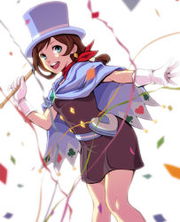 Rule 34 | 1girl, ace attorney, apollo justice: ace attorney, bad id, bad pixiv id, blue eyes, blue hat, brown hair, cape, gloves, hat, kat (bu-kunn), magician, skirt, solo, top hat, trucy wright