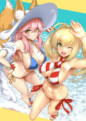 Rule 34 | 2girls, ahoge, animal ear fluff, animal ears, anklet, armpits, bikini, blonde hair, blush, bracelet, breasts, brown eyes, butt crack, cleavage, closed mouth, covered erect nipples, criss-cross halter, earrings, fate/grand order, fate (series), fingernails, fox ears, fox tail, green eyes, halterneck, hat, highres, jewelry, large breasts, long hair, looking at viewer, multiple girls, necklace, nero claudius (fate), nero claudius (fate) (all), nero claudius (fate/extra), nero claudius (swimsuit caster) (fate), one eye closed, open mouth, pink hair, sandals, shiny skin, shore, side-tie bikini bottom, smile, stomach, striped bikini, striped clothes, sun hat, swimsuit, tail, tamamo (fate), tamamo no mae (fate/extra), tamamo no mae (swimsuit lancer) (fate), tamamo no mae (swimsuit lancer) (third ascension) (fate), thighs, toes, uguisu kagura, water, water drop