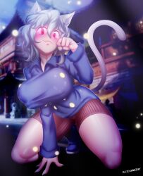Rule 34 | 1girl, animal ears, breasts, cat ears, cat girl, cat tail, collared shirt, hunter x hunter, large breasts, looking at viewer, neferpitou, red eyes, shirt, short hair, shorts, socks, solo, sweat, tail, tk13ironwalker