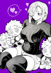 Rule 34 | 1girl, absurdres, black sweater, black thighhighs, blush, breasts, character doll, closed mouth, fiona frost, greyscale, greyscale with colored background, hair over one eye, heart, highres, large breasts, monochrome, purple background, purple eyes, short hair, shorts, sitting, solo, spoken heart, spy x family, sweater, thighhighs, thighs, turtleneck, turtleneck sweater, twilight (spy x family), yotsumi shiro