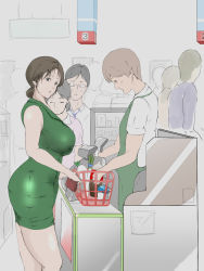 Rule 34 | 2girls, apron, ass, basket, bottle, breasts, brown eyes, brown hair, bulge, cashier, curvy, dress, erection, erection under clothes, closed eyes, food, from side, glasses, green dress, height difference, highres, hikaru no go, huge breasts, indoors, legs, looking at another, looking at viewer, matching hair/eyes, mature female, multiple girls, parted lips, shindou mitsuko, standing, supermarket, thighs, wallet, wan (13070284)