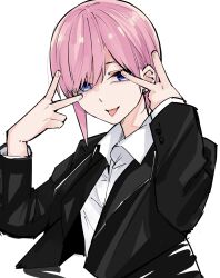 Rule 34 | 1girl, :p, black jacket, blue eyes, closed mouth, commentary, double v, dress shirt, earrings, go-toubun no hanayome, hair between eyes, hands up, highres, jacket, jewelry, light smile, long sleeves, looking at viewer, mame1645, nakano ichika, open clothes, open jacket, pink hair, shirt, short hair, simple background, solo, straight hair, stud earrings, tongue, tongue out, upper body, v, v over eye, white background, white shirt