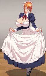 Rule 34 | 1girl, blue eyes, breasts, cleavage, cleavage cutout, clothing cutout, glasses, highres, large breasts, maid, master piece the animation, mira (master piece), orange hair, solo, standing