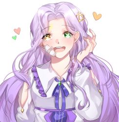 Rule 34 | 1girl, :d, bad id, bad pixiv id, bandages, bandage on face, blue ribbon, blush, brooch, frills, glint, green eyes, hair ornament, hand up, heart, heart-shaped pupils, heterochromia, jewelry, long hair, long sleeves, looking at viewer, open mouth, original, purple hair, ribbon, ronpu cooing, simple background, smile, solo, standing, symbol-shaped pupils, upper body, very long hair, white background, yellow eyes