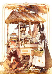 Rule 34 | 3girls, ^ ^, ankle boots, apron, autumn, baguette, basket, black bow, black dress, black footwear, black hair, black headwear, bob cut, boots, bottle, bow, braid, bread, brown hair, cart, closed eyes, collared dress, cupcake, dress, eating, fake facial hair, fake mustache, flower, food, food stand, frilled apron, frills, fruit, garlic, glass, grey headwear, hair bow, hair flower, hair ornament, hair over shoulder, hand up, hands up, hat, hat flower, unworn hat, unworn headwear, high heel boots, high heels, highres, hinata (echoloveloli), holding, holding basket, holding food, jack-o&#039;-lantern, jar, juliet sleeves, long hair, long sleeves, looking at another, looking away, macaron, maid, maid apron, maid headdress, multiple girls, orange bow, original, outside border, puffy sleeves, sash, serving dome, short hair, sitting, sitting on object, sparkle, strawberry, tiered tray, tree, twin braids, twintails, v, white apron, witch, witch hat, yellow eyes