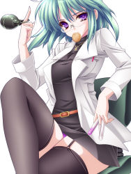 Rule 34 | 1girl, belt, explosive, garter straps, glasses, green hair, grenade, highres, jewelry, lab coat, monety, mouth hold, necklace, panties, purple eyes, solo, test tube, thighhighs, underwear