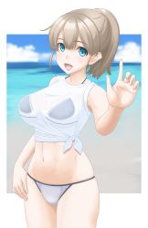 Rule 34 | 1girl, beach, bikini, black bikini, blue eyes, blue sky, blurry, breasts, brown hair, cloud, cowboy shot, day, depth of field, foreshortening, highres, intrepid (kancolle), kantai collection, large breasts, mismatched bikini, open mouth, ponytail, shirt, short hair, sky, sleeves rolled up, smile, solo, swimsuit, t2r, wet, wet clothes, wet shirt, white bikini, white shirt