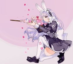 Rule 34 | 1girl, aiming, animal ears, animal print, blunt bangs, bow, candy, commentary request, drill hair, eyepatch, food, from side, gun, heart, heart print, ice cream, juliet sleeves, kneeling, light purple hair, loafers, lollipop, long hair, long sleeves, maid headdress, miyako (xxxbibit), on one knee, original, pocky, puffy sleeves, purple background, purple eyes, rabbit ears, rabbit print, rifle, shoes, skirt, sniper rifle, solo, thighhighs, two-tone background, weapon, white thighhighs