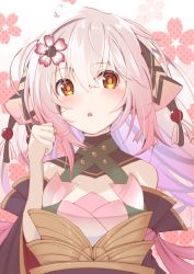 Rule 34 | 1girl, bare shoulders, brown eyes, commentary request, copyright request, demimushi, floral background, flower, gradient hair, grey hair, hair between eyes, hair flower, hair ornament, hand up, highres, long sleeves, looking at viewer, multicolored hair, parted lips, pink hair, polka dot, red flower, solo, upper body, white background, wide sleeves