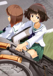 Rule 34 | 10s, absurdres, akiyama yukari, artist name, black neckerchief, blouse, blurry, blurry background, brown eyes, brown hair, character name, closed mouth, day, depth of field, excel (gewalt), fang, foreshortening, girls und panzer, green skirt, gun, highres, holding, long sleeves, looking at viewer, looking back, machine gun, messy hair, military, military vehicle, miniskirt, motor vehicle, neckerchief, nishizumi miho, ooarai school uniform, open mouth, outdoors, panzer iv, pleated skirt, road, school uniform, serafuku, shirt, short hair, sitting, skirt, smile, tank, tank shell, translation request, weapon, weapon request, white shirt