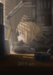 Rule 34 | 1girl, 2019, arm support, black gloves, black hat, blonde hair, bookshelf, brown eyes, can, canned food, day, desk lamp, food, from side, girls&#039; frontline, gloves, hat, head on table, head rest, highres, indoors, lamp, light particles, long hair, looking away, mp40 (girls&#039; frontline), patreon logo, patreon username, ruler, solo, sunlight, table, triangle bullet, upper body, window blinds, wooden table