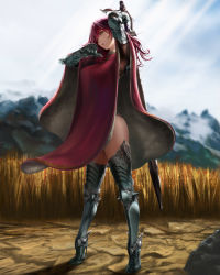 Rule 34 | 1girl, armor, armored boots, arms up, bad id, bad pixiv id, blurry, boots, breasts, cloak, closed mouth, day, depth of field, fantasy, field, full body, fur trim, gauntlets, head tilt, high heel boots, high heels, highres, holding, holding sword, holding weapon, large breasts, legs apart, long hair, mountain, original, outdoors, pink lips, red cloak, rock, shadow, shisshou senkoku, sky, smile, solo, standing, sunlight, sword, tassel, thigh boots, thighhighs, weapon