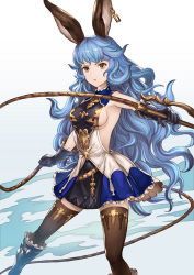 Rule 34 | 10s, 1girl, animal ears, armpits, bad id, bad pixiv id, bare shoulders, black gloves, blue footwear, blue hair, boots, breasts, brown eyes, brown thighhighs, dress, earrings, erune, ferry (granblue fantasy), gloves, granblue fantasy, jewelry, long hair, looking at viewer, maekawa yuichi, parted lips, sideboob, single earring, small breasts, solo, thighhighs, very long hair, wavy hair, whip