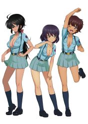 Rule 34 | 3girls, ;d, alternate costume, aoshidan (emblem), aoshidan school uniform, black eyes, black footwear, black hair, black legwear, blue eyes, blue shirt, blue skirt, bow, breasts, brown hair, cleavage, clenched hands, collared shirt, commentary request, dark-skinned female, dark skin, decembrachiata, girls und panzer, green eyes, hair bow, hair over one eye, hand on own hip, hand on own thigh, heel up, highres, hoshino (girls und panzer), leaning forward, leg up, long hair, looking at viewer, medium breasts, miniskirt, multiple girls, ogin (girls und panzer), one eye closed, open mouth, parted lips, partial commentary, pleated skirt, ponytail, raised fist, red bow, school uniform, shirt, shoes, short hair, simple background, skirt, skirt hold, smile, socks, standing, standing on one leg, suspender skirt, suspenders, suzuki (girls und panzer), unbuttoned, unbuttoned shirt, white background, wiping sweat