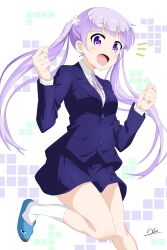 Rule 34 | 1girl, blue jacket, blue skirt, blunt bangs, blush, breasts, clenched hands, collar, eyelashes, flower, hair flower, hair ornament, happy, highres, jacket, light purple hair, light purple ribbon, long hair, long sleeves, looking at viewer, miniskirt, new game!, notice lines, open mouth, purple eyes, sekitsuki hayato, shirt, sidelocks, signature, skirt, slippers, small breasts, smile, socks, solo, standing, standing on one leg, suzukaze aoba, thighs, twintails, very long hair, white background, white collar, white shirt, white socks, wide-eyed