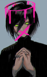 Rule 34 | 1boy, black hair, blood, commentary request, covered mouth, cross, danganronpa (series), danganronpa v3: killing harmony, glowing, glowing eyes, green eyes, grey background, hair between eyes, halo, hands up, joh pierrot, long sleeves, male focus, own hands clasped, own hands together, pink blood, saihara shuichi, simple background, solo, turtleneck, upper body, yellow eyes