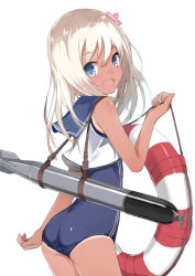 Rule 34 | 10s, 1girl, :d, ass, bare legs, bare shoulders, blonde hair, blue eyes, blush, cowboy shot, crop top, flower, hair flower, hair ornament, k yukihiko, kantai collection, lifebuoy, long hair, looking at viewer, one-piece swimsuit, open mouth, ro-500 (kancolle), sailor collar, school swimsuit, simple background, smile, solo, swim ring, swimsuit, swimsuit under clothes, tan, tanline, torpedo, white background, yukihiko (tyabobo)