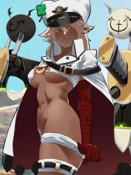 Rule 34 | 1girl, absurdres, bandages, belt, belt bra, breasts, cape, clover, crop top, dark-skinned female, dark skin, feet out of frame, female pubic hair, four-leaf clover, from side, gloves, guilty gear, guilty gear strive, hair between eyes, hair over one eye, hat, highres, long hair, midriff, multiple belts, navel, platinum blonde hair, pubic hair, pulling own clothes, ramlethal valentine, shaded face, skindentation, skullworms, solo, stomach, sword, thick thighs, thigh strap, thighs, underboob, weapon, white cape, white gloves, yellow eyes