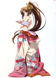 Rule 34 | 1girl, blush, breasts squeezed together, breasts, brown hair, hand fan, fatal fury, folding fan, highres, izumi mahiru, japanese clothes, large breasts, long hair, ponytail, queen&#039;s blade, queen&#039;s gate, shiranui mai, snk, solo, the king of fighters, topless, very long hair