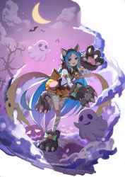 Rule 34 | 1girl, :d, absurdres, animal ear fluff, animal ears, animal hands, bandaged leg, bandages, bare tree, bat (animal), bell, blue hair, blush, bow, brown skirt, cat ears, cloud, cloudy sky, commentary request, crescent moon, dress, fake animal ears, fang, flan (f l an), footwear bow, frills, full body, fur collar, ghost, gloves, halloween, halloween costume, highres, jack-o&#039;-lantern, knee up, large bow, long hair, long sleeves, looking at viewer, miyako (halloween) (princess connect!), miyako (princess connect!), moon, night, night sky, open mouth, paw gloves, paw shoes, pleated skirt, princess connect!, pumpkin, shirt, shoes, skirt, sky, smile, solo, standing, standing on one leg, star (sky), tail, torn clothes, tree, very long hair, white shirt, wolf paws