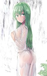 Rule 34 | 1girl, ass, blush, commentary request, cowboy shot, from side, green eyes, green hair, hair between eyes, highres, kochiya sanae, leaf, long hair, long sleeves, looking at viewer, one-hour drawing challenge, parted lips, robe, see-through, solo, standing, touhou, wet, wet clothes, white background, white robe, y2