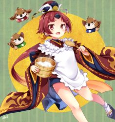 Rule 34 | 1girl, :d, animal, apron, benienma (fate), bird, black footwear, blue shorts, blush, brown hat, brown kimono, commentary request, fate/grand order, fate (series), hat, holding, holding spoon, japanese clothes, kimono, kubyou azami, long hair, long sleeves, low ponytail, okobo, open mouth, platform footwear, ponytail, red eyes, red hair, rice, sandals, short shorts, shorts, smile, socks, solo, spoon, tabi, very long hair, white apron, white socks, wide sleeves, wooden spoon, zouri