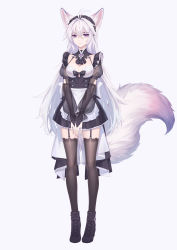 Rule 34 | 1girl, absurdres, ahoge, animal ears, apron, bell, buckle, commentary request, elbow gloves, fox ears, fox girl, fox tail, full body, garter straps, gloves, grey background, highres, kirby d a, long hair, looking at viewer, maid, maid apron, maid headdress, neck bell, original, purple eyes, revision, simple background, solo, tail, thighhighs, very long hair, white hair