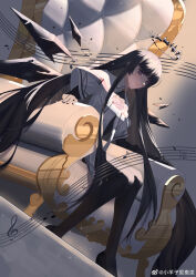 Rule 34 | 1girl, absurdly long hair, absurdres, ahoge, arknights, arm rest, artist name, ascot, belt, belt buckle, black ascot, black eyes, black footwear, black gloves, black hair, black halo, black shirt, black thighhighs, black wings, blunt bangs, breasts, bright pupils, broken halo, buckle, chair, chinese commentary, chinese text, closed mouth, collared jacket, colored inner hair, commentary request, dark halo, detached wings, dutch angle, energy wings, floor, full body, gloves, grey background, grey hair, hair flowing over, halo, hand rest, highres, hime cut, jacket, layered sleeves, legs together, light particles, light smile, long hair, long sleeves, looking at viewer, looking to the side, marble (stone), marble floor, multicolored hair, musical note, on chair, shade, shadow, shiny floor, shirt, shoes, short over long sleeves, short sleeved jacket, short sleeves, sidelocks, sitting, small breasts, solo, spotlight, staff (music), straight hair, thighhighs, throne, two-tone hair, very long hair, virtuosa (arknights), watermark, weibo 5636033615, weibo logo, weibo username, white belt, white jacket, white pupils, wide sleeves, wing collar, wings