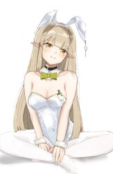 Rule 34 | 1girl, animal ears, arknights, black choker, bow, bowtie, breasts, brown hair, choker, closed mouth, elf, fake animal ears, green bow, green bowtie, highres, leotard, long hair, mole, mole under eye, muelsyse (arknights), playboy bunny, pointy ears, ponpocosuzume, rabbit ears, simple background, smile, solo, very long hair, wrist cuffs, yellow eyes