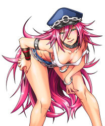 Rule 34 | 1girl, aozoraichi, armlet, bent over, big hair, breasts, capcom, cleavage, collar, come hither, cuffs, denim, denim shorts, downblouse, final fight, green eyes, hand on own hip, handcuffs, hat, highres, hip focus, knees, legs, licking lips, long hair, long legs, midriff, nail polish, naughty face, peaked cap, pink hair, poison (final fight), short shorts, shorts, sideboob, solo, studded collar, tank top, thighs, tongue, tongue out, very long hair