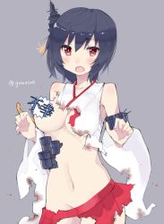 Rule 34 | 10s, 1girl, bare shoulders, black hair, breasts, burnt clothes, convenient censoring, damaged, detached sleeves, gomashi (goma), hair ornament, kantai collection, navel, open mouth, red eyes, short hair, skirt, solo, torn clothes, torn skirt, twitter username, yamashiro (kancolle)