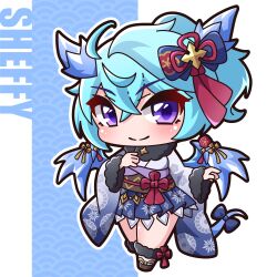 Rule 34 | 1girl, absurdres, blue background, blue bow, blue hair, blue kimono, blue wings, bow, brown footwear, character name, chibi, commentary request, dragon girl, dragon horns, dragon tail, dragon wings, floral print, full body, fur-trimmed sleeves, fur-trimmed socks, fur trim, grey kimono, hair between eyes, hair bow, hand up, highres, horns, japanese clothes, kimono, long sleeves, obi, princess connect!, print kimono, purple eyes, saishosaisekojo, sandals, sash, seigaiha, sheffy (princess connect!), sleeves past wrists, socks, solo, standing, tail, tail bow, tail ornament, white background, white socks, wide sleeves, wings, zouri