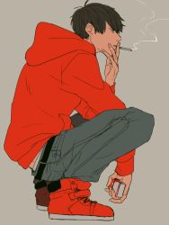 Rule 34 | 10s, brown hair, cigarette, hood, hoodie, male focus, osomatsu-san, red hoodie, red top, smoking, solo