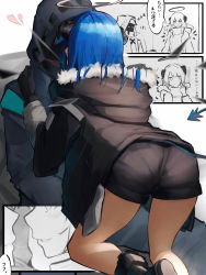 Rule 34 | 1girl, 1other, absurdres, arknights, ass, black coat, black footwear, black gloves, black jacket, black shorts, blue hair, blush, boots, coat, demon girl, demon horns, demon tail, doctor (arknights), gloves, halo, heart, highres, hood, hood down, hooded jacket, horns, jacket, kiss, knee boots, long hair, long sleeves, mostima (arknights), open clothes, open jacket, parted lips, partially colored, saliva, saliva trail, scratching cheek, short shorts, shorts, sleeping, smile, tab head, tail, zzz