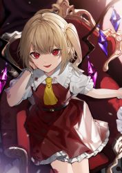 Rule 34 | 1girl, :p, absurdres, ascot, belt, blonde hair, blood, blood on clothes, commentary request, crystal, daimaou ruaeru, feet out of frame, flandre scarlet, flat chest, frilled shirt collar, frills, from above, glint, hair between eyes, hand on own cheek, hand on own face, hand up, highres, looking at viewer, medium hair, no headwear, one side up, petticoat, puffy short sleeves, puffy sleeves, red eyes, red skirt, red vest, short sleeves, sidelighting, sitting, skirt, skirt set, solo, throne, tongue, tongue out, touhou, vest, wings, wrist cuffs, yellow ascot