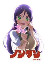 Rule 34 | 1girl, artist name, bow, bowtie, commentary request, cropped torso, dress shirt, flower, green bow, green bowtie, green eyes, holding, holding flower, long hair, looking at viewer, love live!, love live! school idol project, low twintails, open mouth, otonokizaka school uniform, partial commentary, pink scrunchie, purple hair, school uniform, scrunchie, shirt, short sleeves, simple background, smile, solo, sweater, sweater vest, tearing up, tojo nozomi, translation request, twintails, upper body, white background, white shirt, yellow sweater, yuuzii