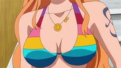 Rule 34 | 1girl, animated, animated gif, bangle, bare shoulders, bikini, bouncing breasts, bracelet, breasts, female focus, head out of frame, jewelry, log pose, long hair, lowres, nami (one piece), one piece, one piece special: glorious island, orange hair, screencap, solo, swimsuit, tattoo