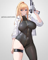 Rule 34 | 1girl, ai-assisted, aztodio, blonde hair, blue eyes, breasts, gun, holding, holding gun, holding weapon, large breasts, long hair, long sleeves, looking at viewer, metroid, nintendo, paralyzer, ponytail, samus aran, solo, thighs, weapon