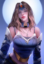 Rule 34 | 1girl, bare shoulders, blue dress, blue sleeves, breasts, brown hair, circlet, commentary, crescent, detached sleeves, dota (series), dota 2, dress, english commentary, grey eyes, jewelry, lips, mirana (dota), moon, necklace, night, night sky, outdoors, razaras, sky, solo