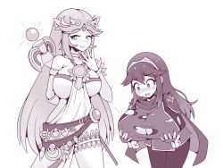 Rule 34 | 2girls, alternate breast size, blouse, blue eyes, blush, breast expansion, breasts, cleavage, embarrassed, fire emblem, fire emblem awakening, green eyes, greyscale, huge breasts, ink (inksgirls), kid icarus, long hair, lucina (fire emblem), monochrome, multiple girls, nintendo, palutena, shirt, simple background, skindentation, smile, super smash bros., sweat, torn clothes, torn shirt, very long hair, wardrobe malfunction, white background